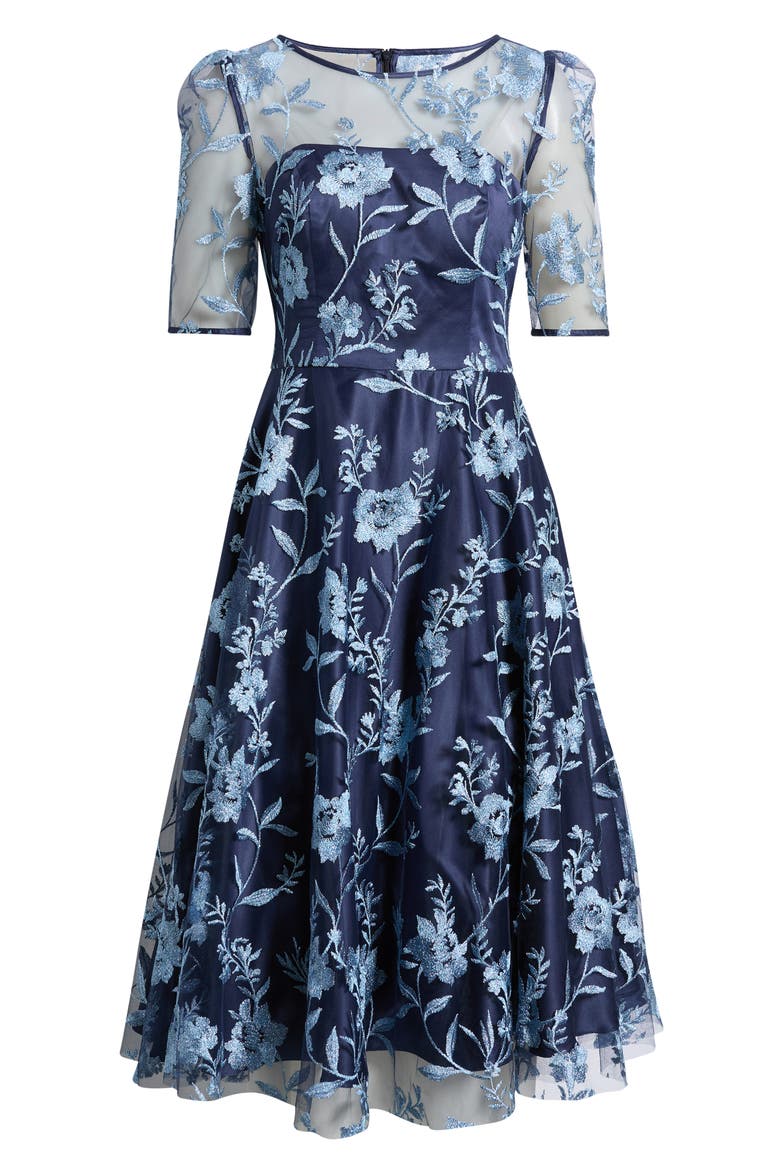Embroidered Floral Cocktail Midi Dress, Alternate, color, NAVY BLUE
