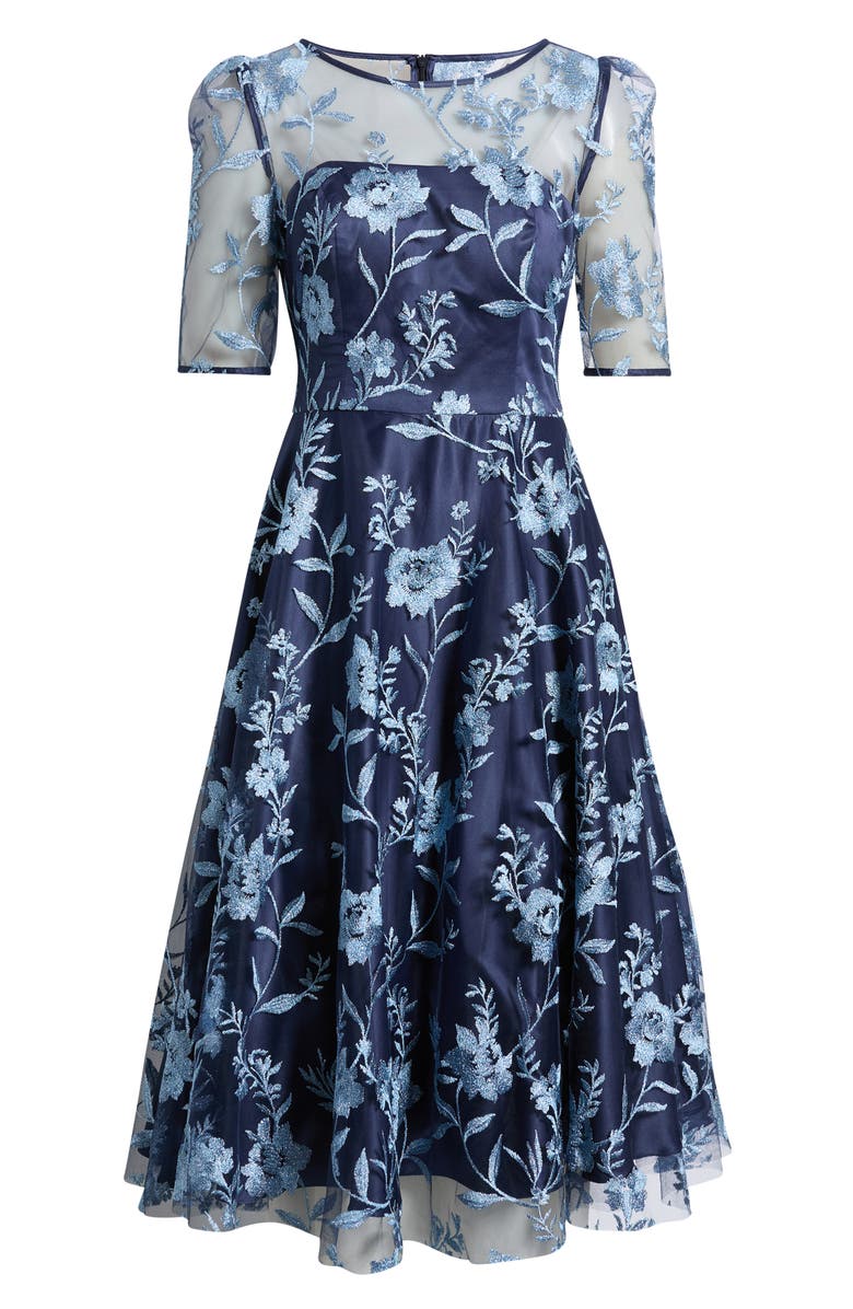 Eliza J Embroidered Floral Cocktail Midi Dress, Alternate, color, Navy Blue