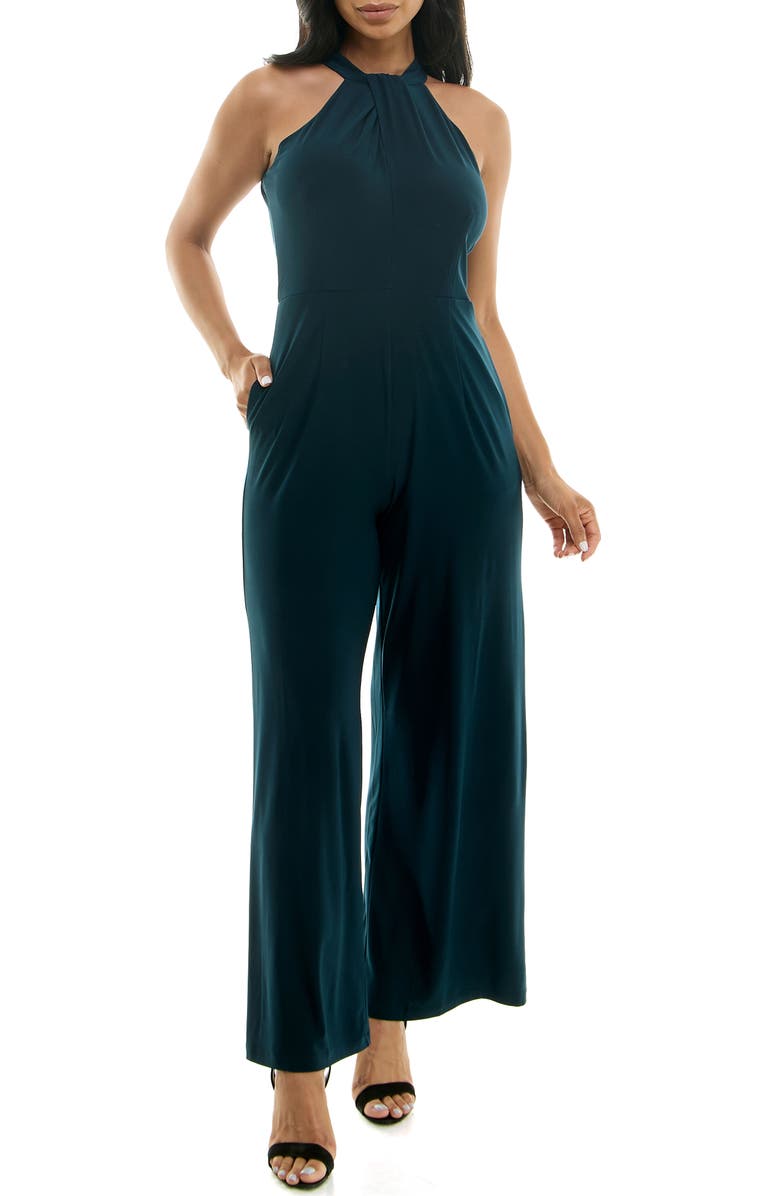 Nina Leonard Twist Halter Knit Jumpsuit, Main, color, Emerald