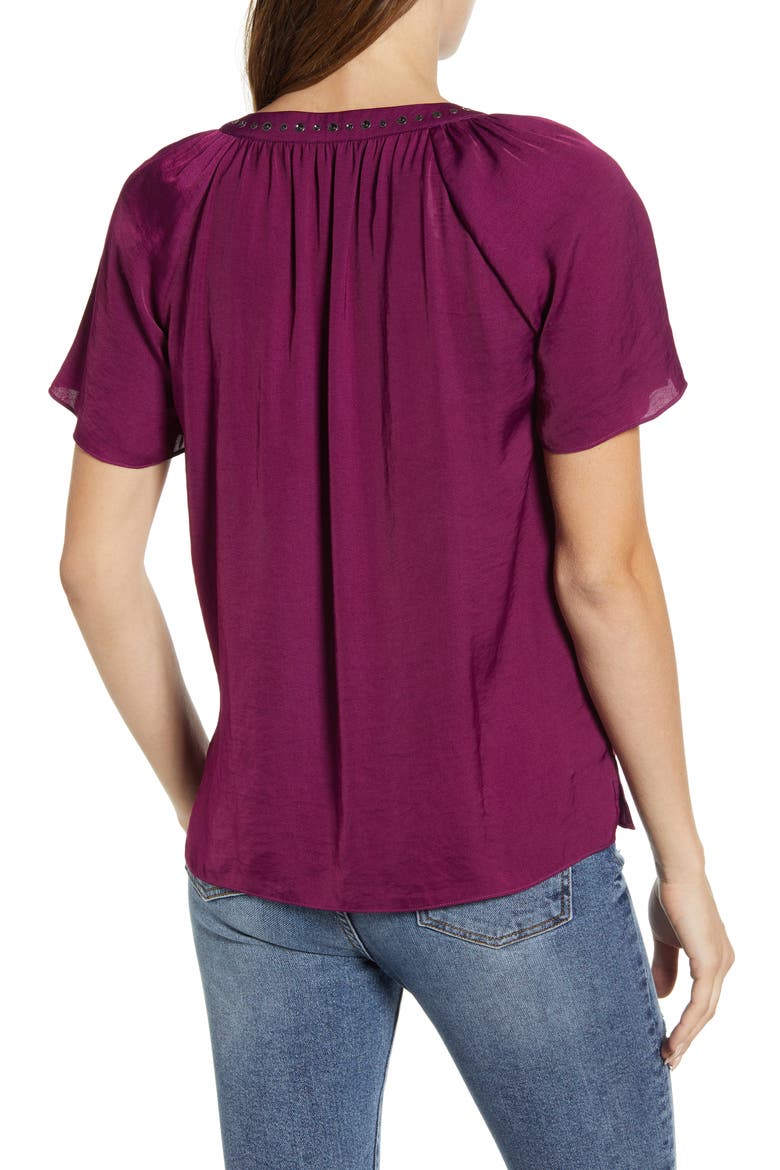 Stud Trim Hammered Satin Blouse, Alternate, color, PLUM NOIR