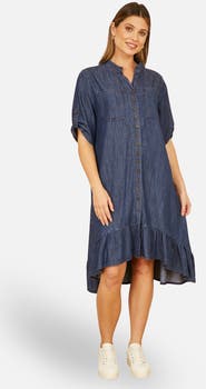Yumi Denim Dip Hem Relaxed Fit Shirt Dress