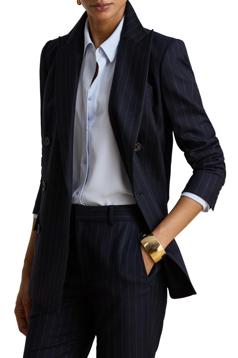 Pinstripe Double-Breasted Twill Blazer, Main, color, NAVY BLUE/ WHITE