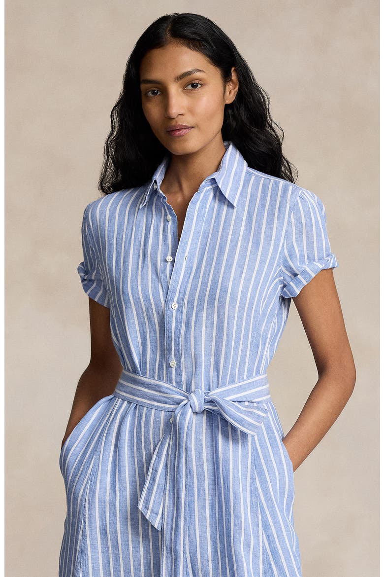 Polo Ralph Lauren Ashton Stripe Tie Waist Linen Midi Shirtdress