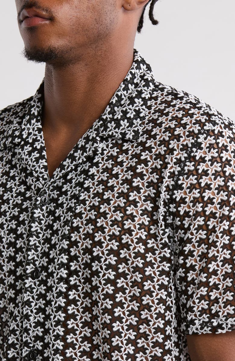 PacSun Rumi Oversize Open Knit Camp Shirt, Alternate, color, Black/ White