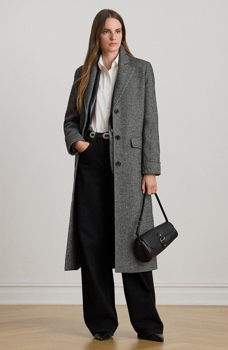 Lauren Ralph Lauren Longline Herringbone Wool Blend Reefer Coat, Alternate, color, Black/ Cream Broken Twill