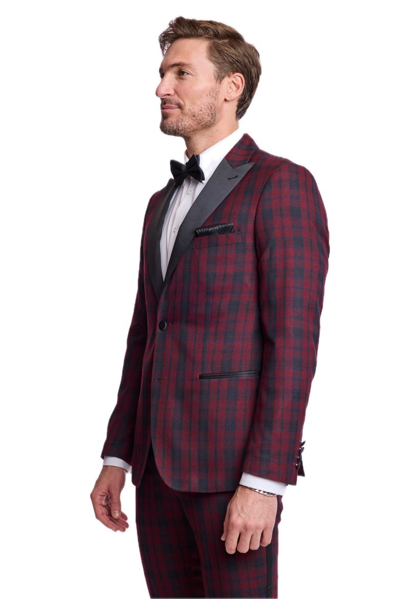 Kyle Slim Fit Plaid Peak Lapel Tuxedo Jacket, Alternate, color, BURGUNDY BLACK TARTAN