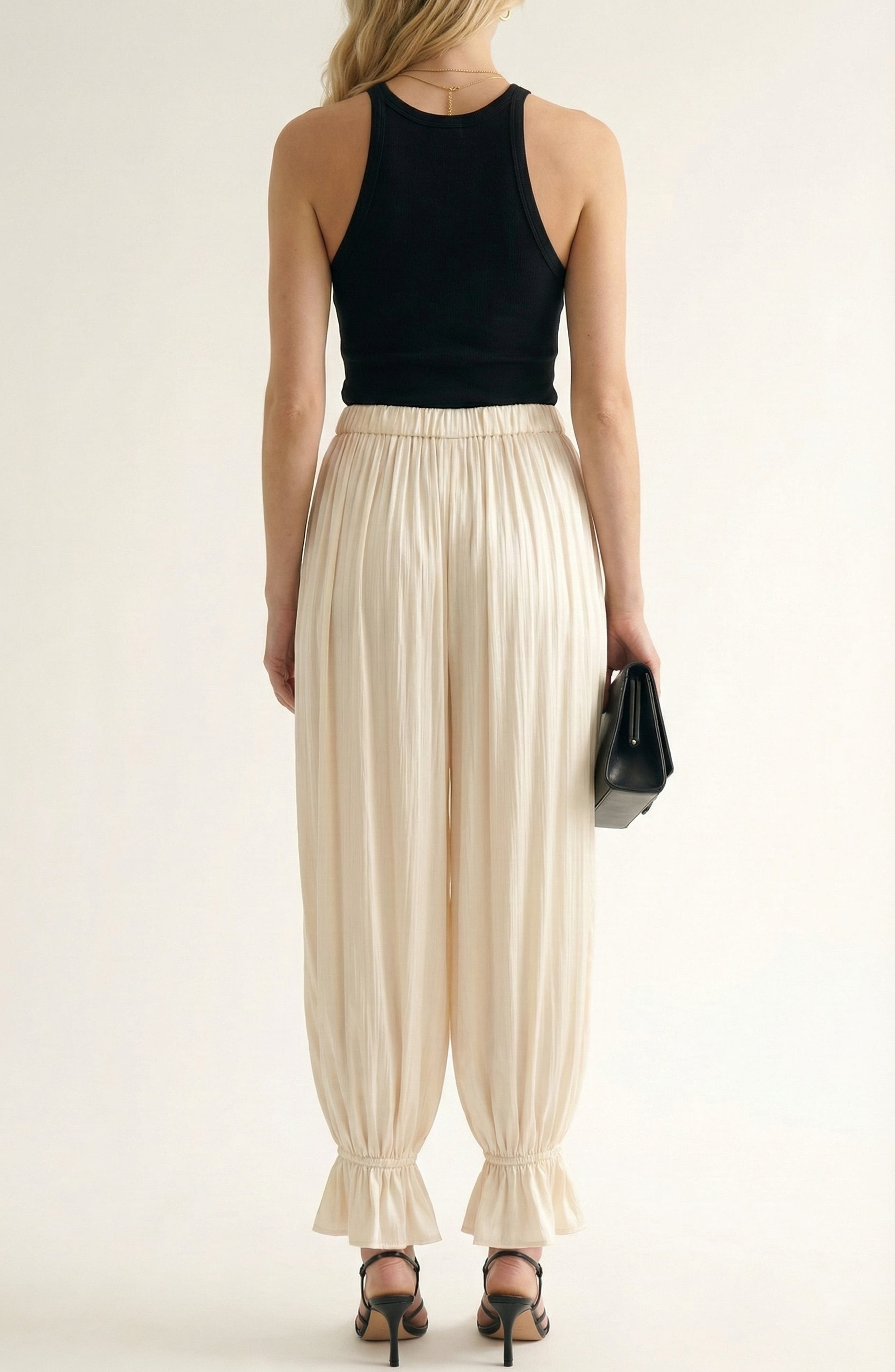 Pleated Pull On Pants with Elastic Waist Ruffled Ankle Hem - image 2