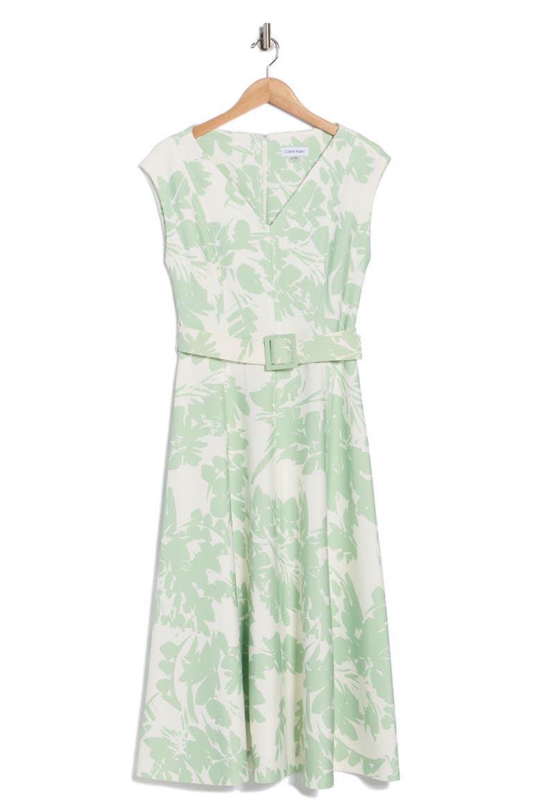 Cap Sleeve Belted Midi Dress, Alternate, color, SAGE/ CREAM