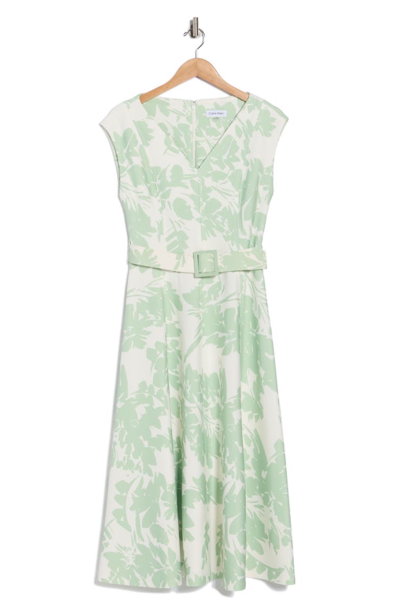 Calvin Klein Cap Sleeve Belted Midi Dress, Main, color, Sage/ Cream