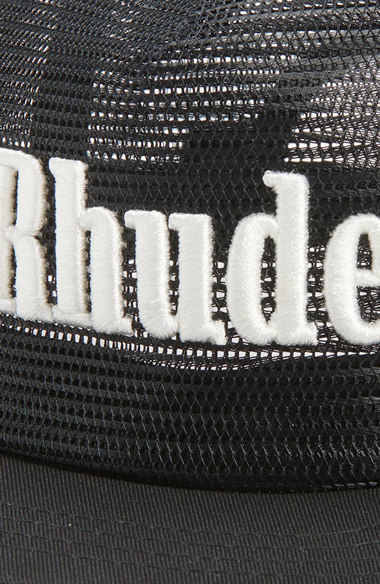 Rhude Logo Embroidered Snapback Trucker Hat, Alternate, color, Black/ White