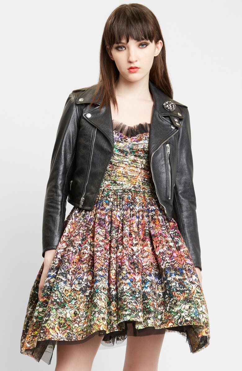 Saint Laurent Crop Leather Moto Jacket, Main, color,