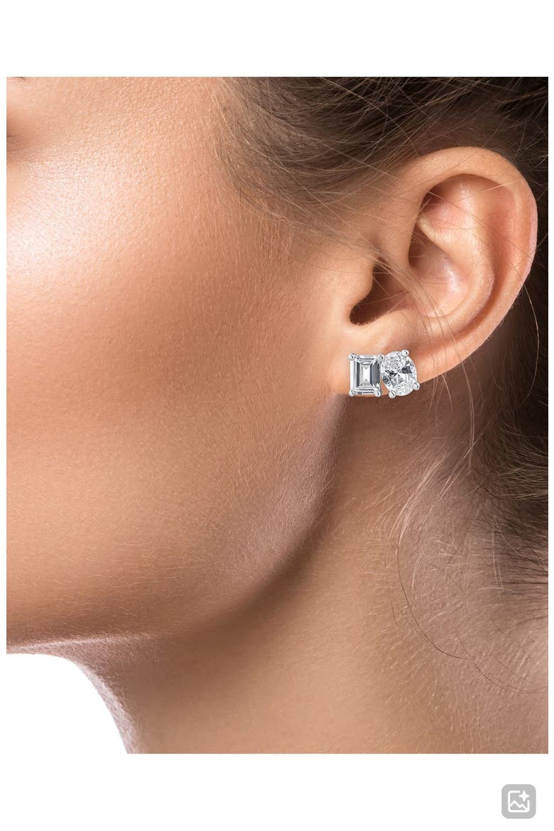 Oval & Emerald-Cut Cubic Zirconia Stud Earrings, Alternate, color, RHODIUM PLATED