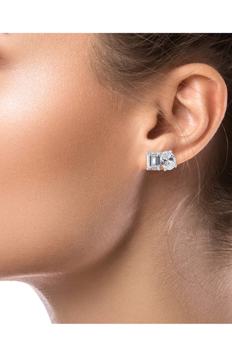 CZ by Kenneth Jay Lane Oval & Emerald-Cut Cubic Zirconia Stud Earrings, Alternate, color, Rhodium Plated