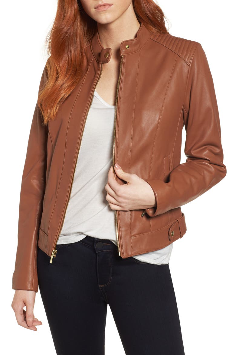 Cole Haan Leather Moto Jacket, Main, color, COGNAC