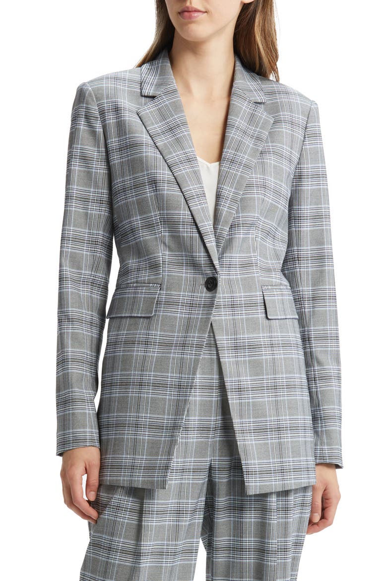 Glen Plaid One-Button Blazer, Alternate, color, BLACK- TEAL CHECK
