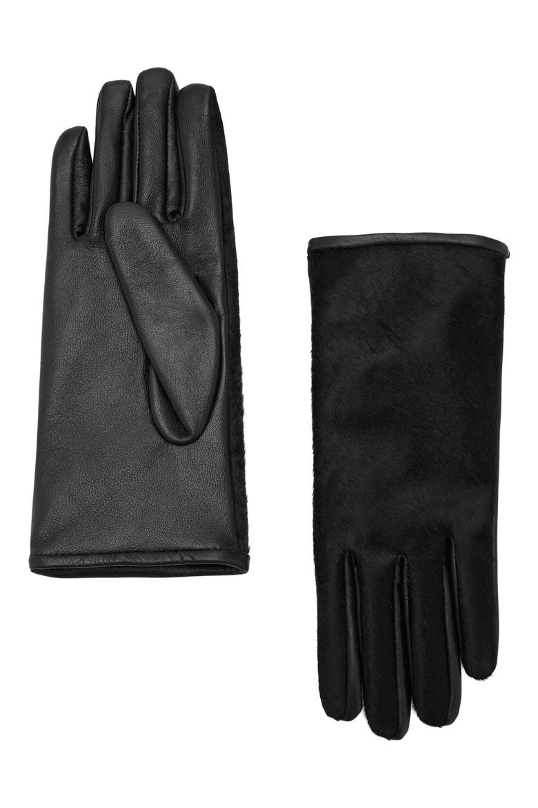 Leather & Faux Fur Reversible Gloves, Main, color, BLACK
