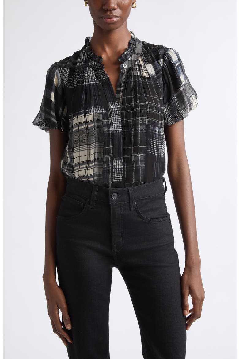 Lacey Puff Sleeve Top, Main, color, BLACK PLAID