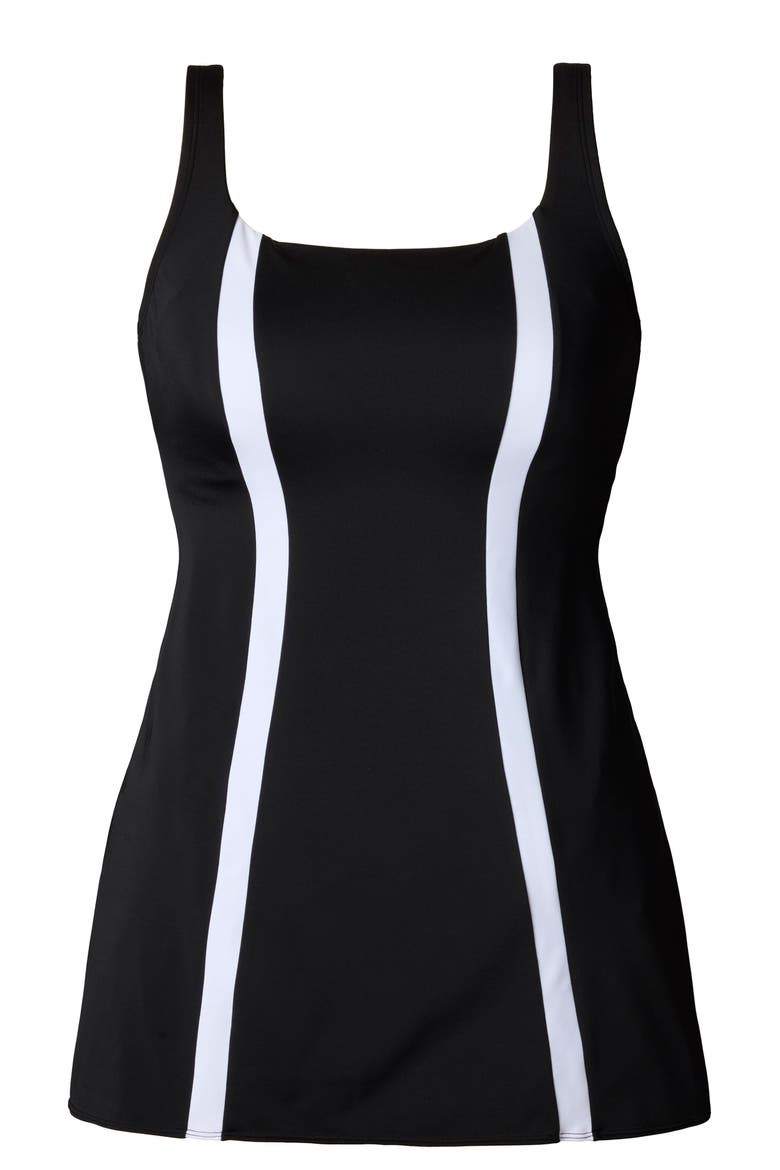 Adjustable Chlorine Resistant Squareneck Swimdress, Alternate, color, Black and White