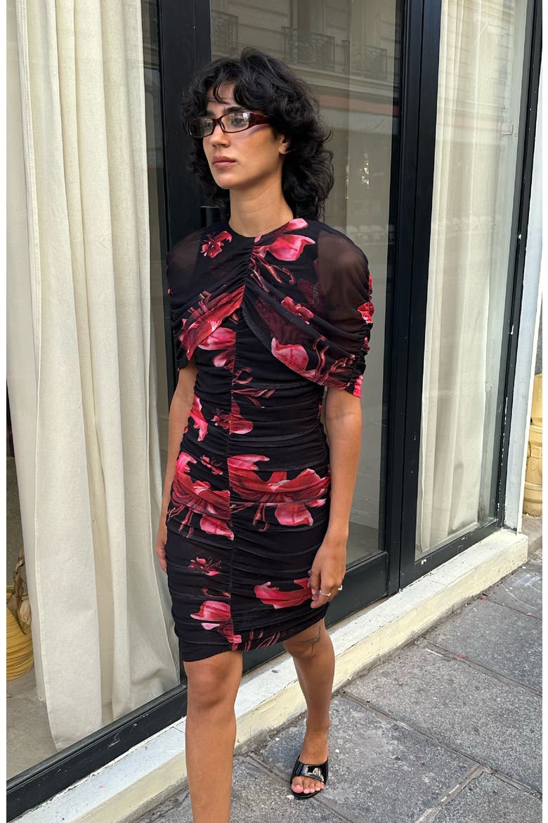 Draped Floral Mini Mesh Dress, Alternate, color, Black / Red Floral