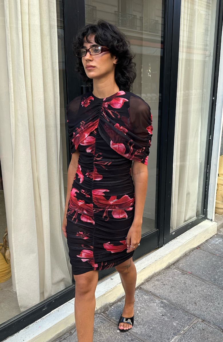 SAEMDI Draped Floral Mini Mesh Dress, Alternate, color, Black / Red Floral