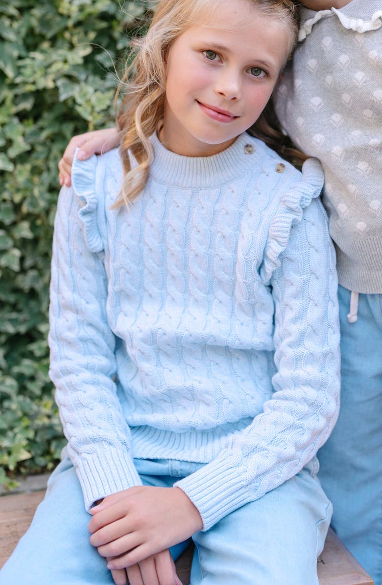 Hope & Henry Kids' Organic Long Sleeve Mock Neck Sweater with Ruffle, Alternate, color, Light Blue Heather