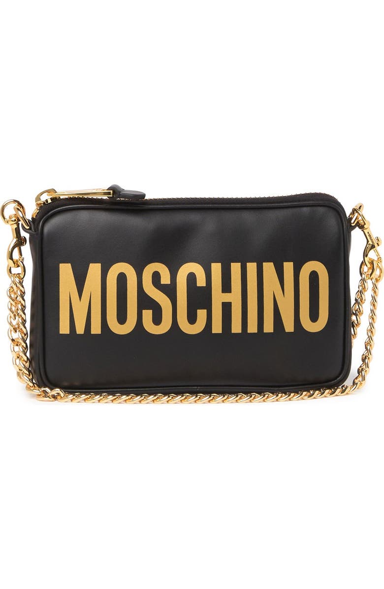 Moschino Logo Chain Strap Leather Crossbody Bag, Main, color,