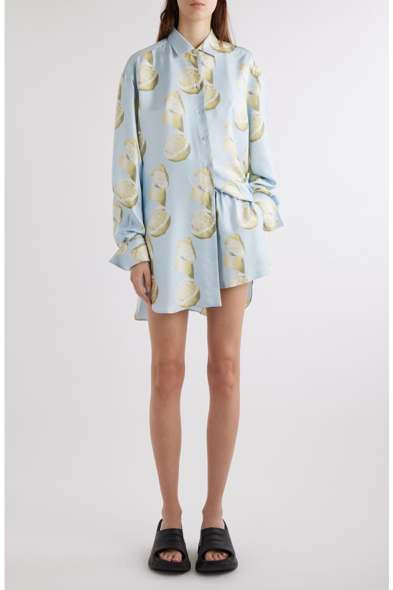 Lemon Print Silk Button-Up Tunic Shirt, Alternate, color, BLUE/ YELLOW