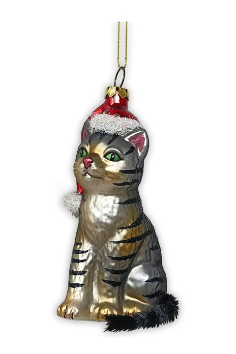 Tabby Cat With Santa Hat Glass Ornament