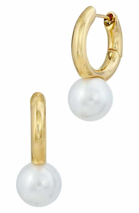 SAVVY CIE JEWELS Imitation Pearl Drop Huggie Hoop Earrings