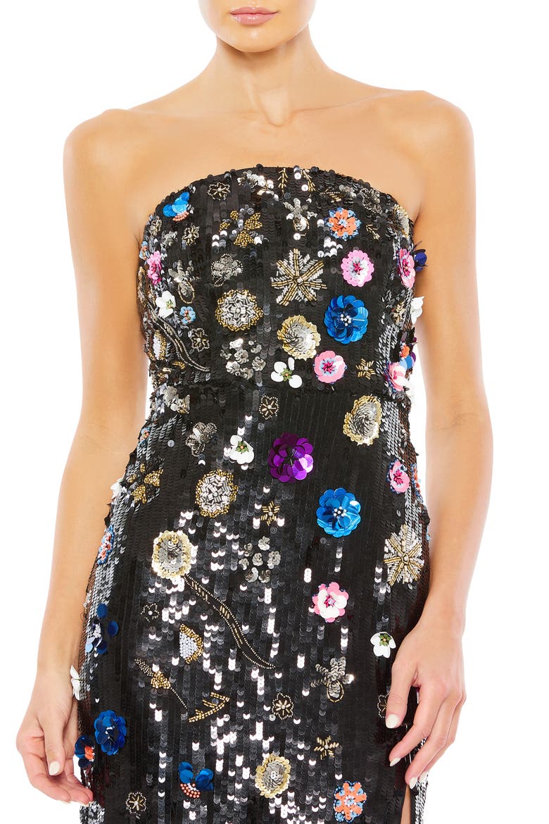 Floral Sequined Strapless Column Gown, Alternate, color, BLACK MULTI