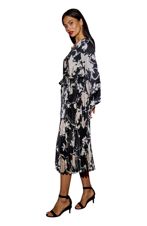 Yumi Floral Satin Long Sleeve Midi Dress In Black