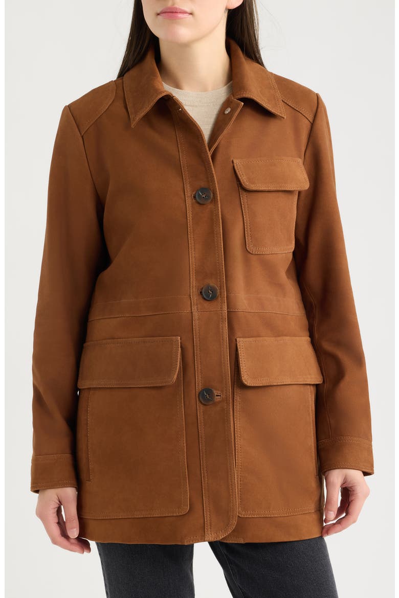 Cinched Waist Leather Suede Jacket, Alternate, color, TOBACCO