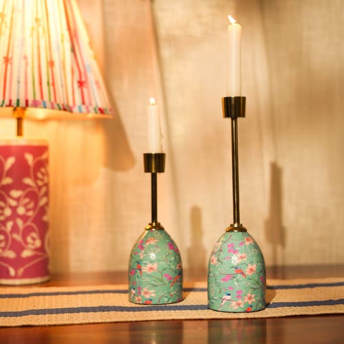 Mela Artisans Aqua Flora Tapered Candleholders In Blue