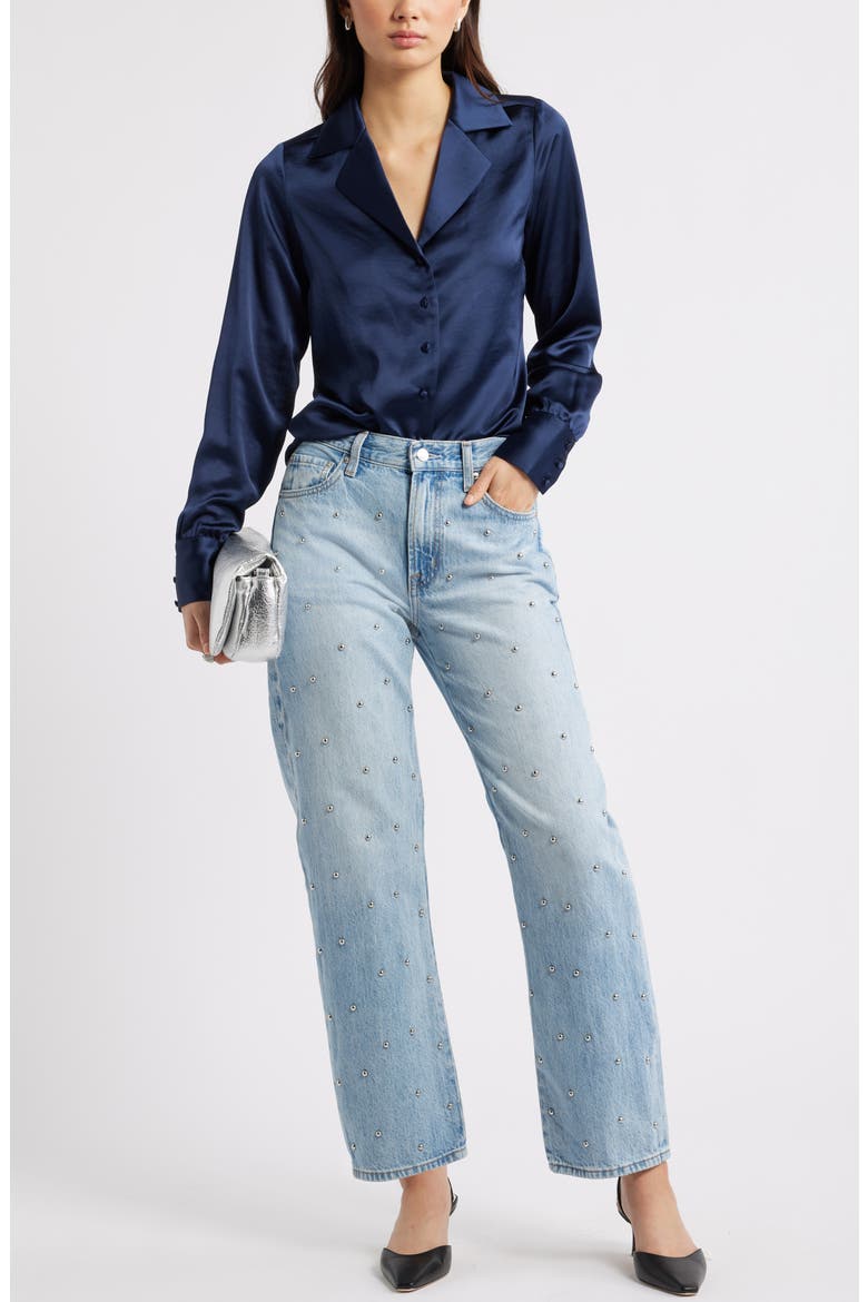 Satin Button-Up Shirt, Alternate, color, NAVY IRIS