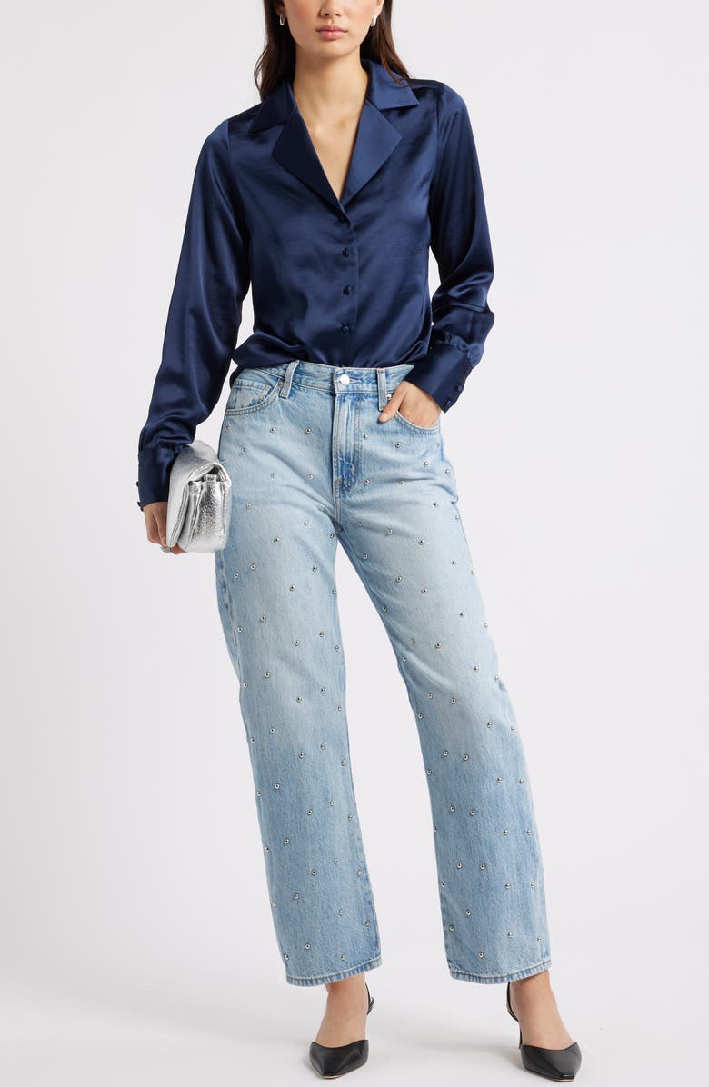 Open Edit Satin Button-Up Shirt, Alternate, color, Navy Iris