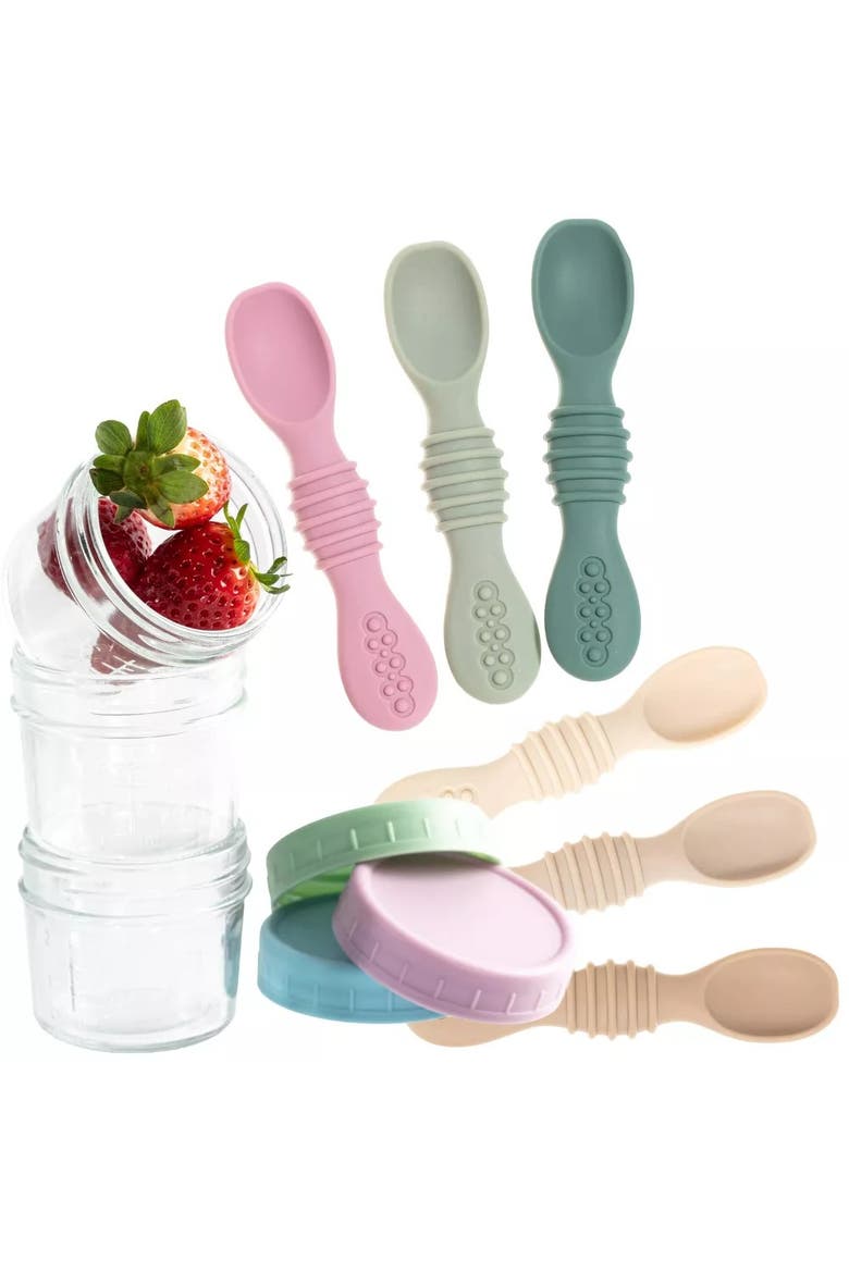 Glass Baby Food Storage Jars and Silicone Baby Spoons Set, Alternate, color, Tan
