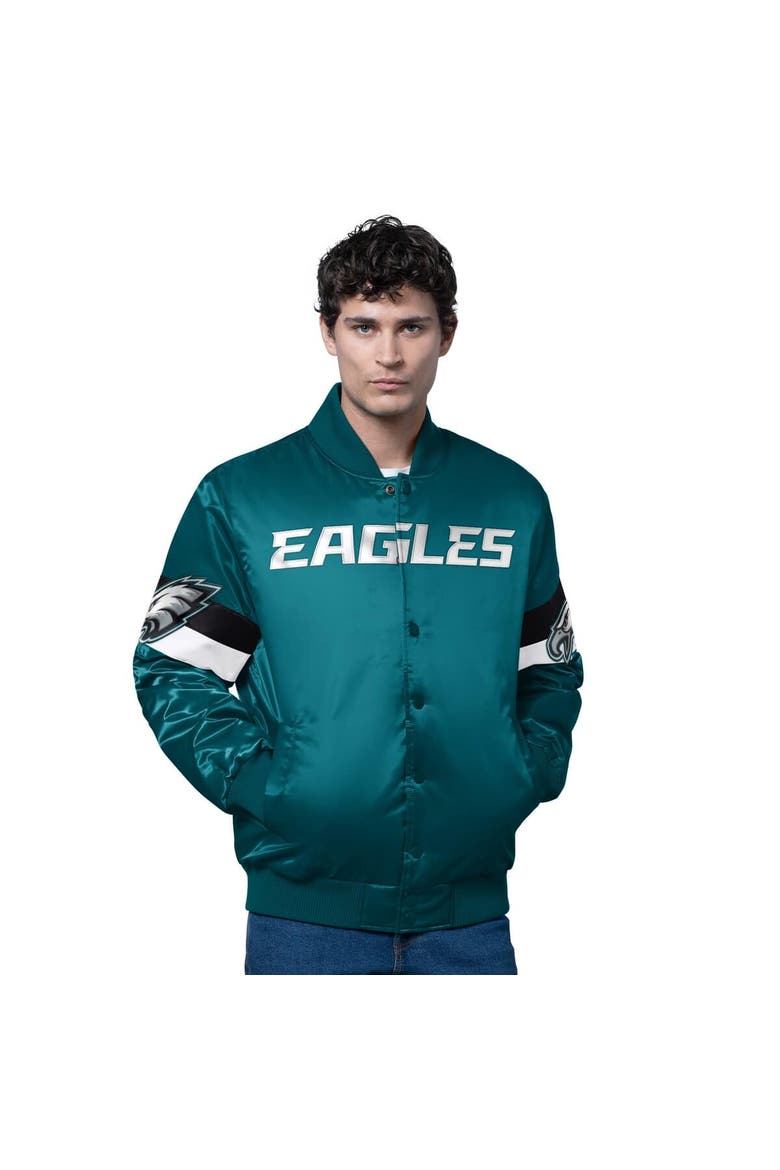 Men's Starter Midnight Green Philadelphia Eagles Triple Option Satin Varsity Full-Snap Jacket, Main, color, Green