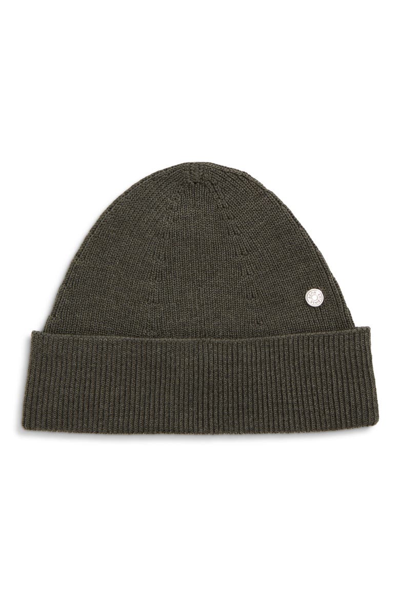 Krivi Coin Appliqué Merino Wool Blend Beanie, Main, color, CEDAR GREEN