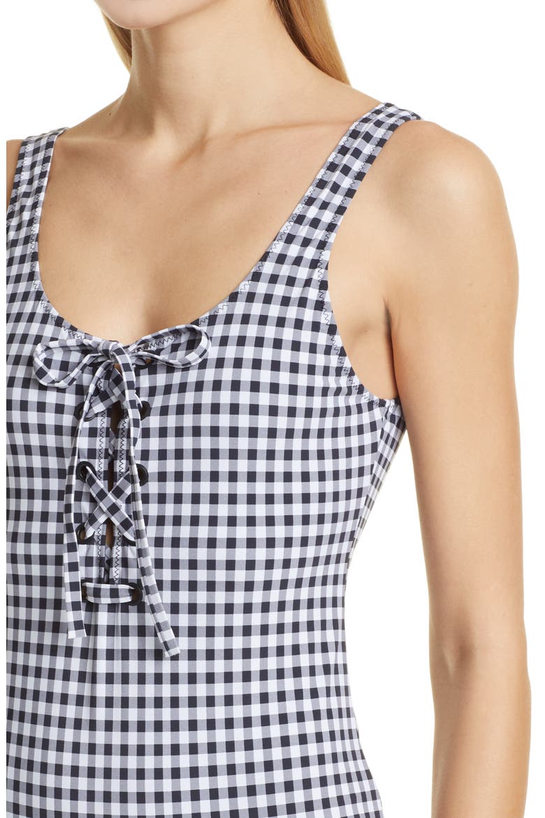 Gingham Lace-Up One-Piece Swimsuit, Alternate, color, BLACK