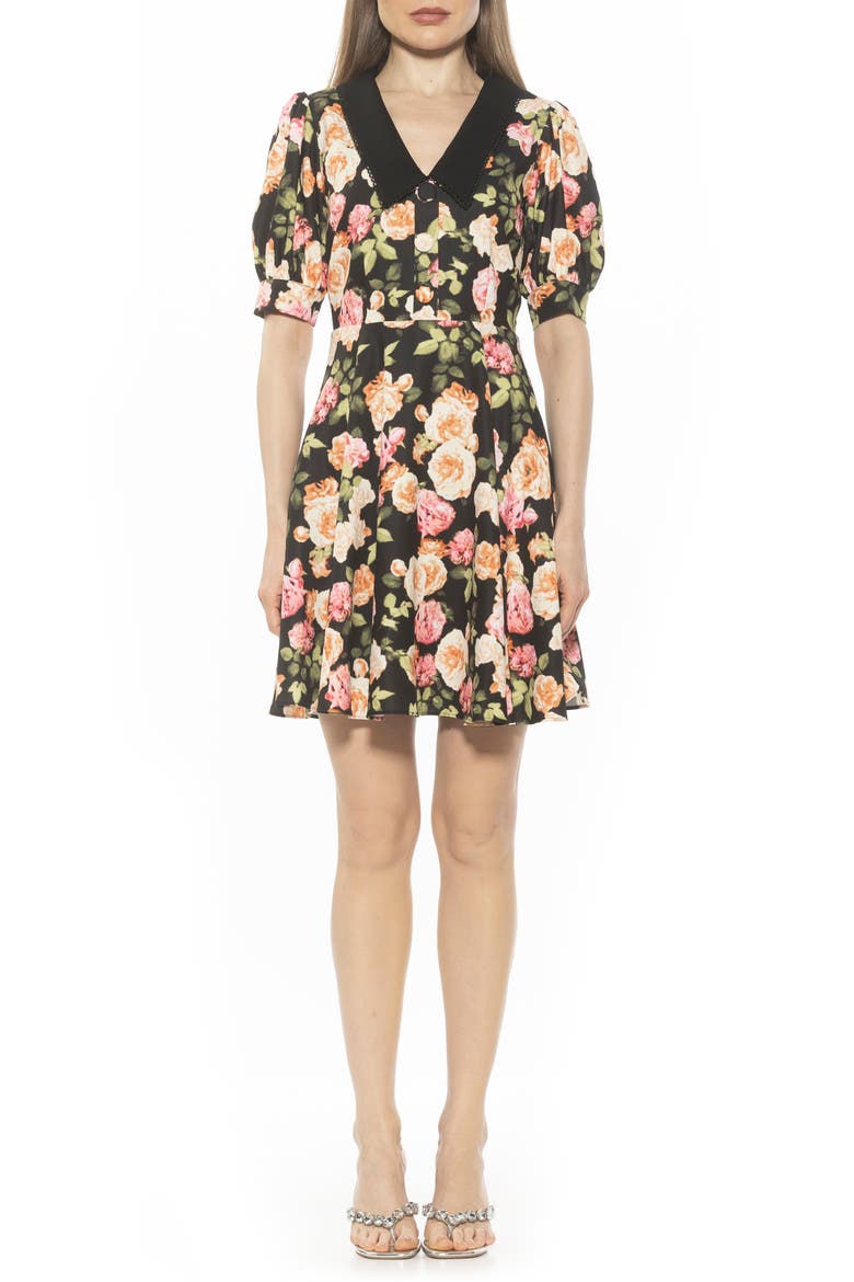 Carys Puff Sleeve Fit & Flare Dress, Main, color, BLACK FLORAL