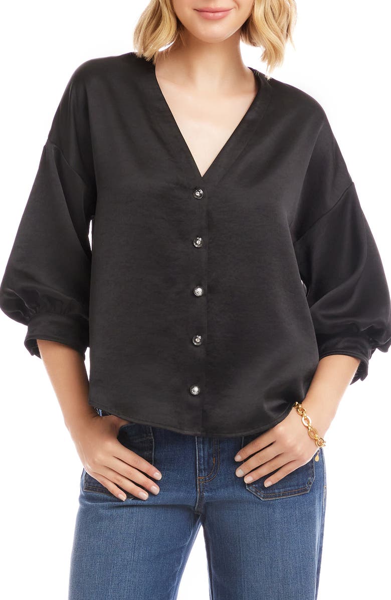 Karen Kane Satin Lantern Sleeve Button-Up Shirt, Main, color, Black