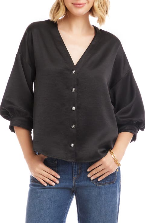 Satin Lantern Sleeve Button-Up Shirt (Regular & Petite)