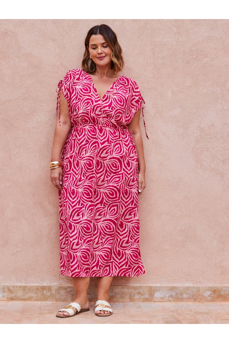 Abstract Print Gathered Midi Dress, Main, color, Pink