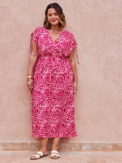 Abstract Print Gathered Midi Dress