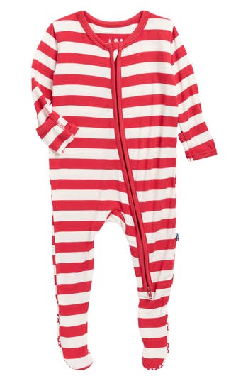 Kickee Pants Candy Cane Stripe Zip Footie In Red