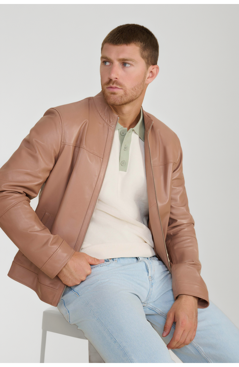 Furniq UK Otis Racer Leather Jacket, Alternate, color, Mocha Brown