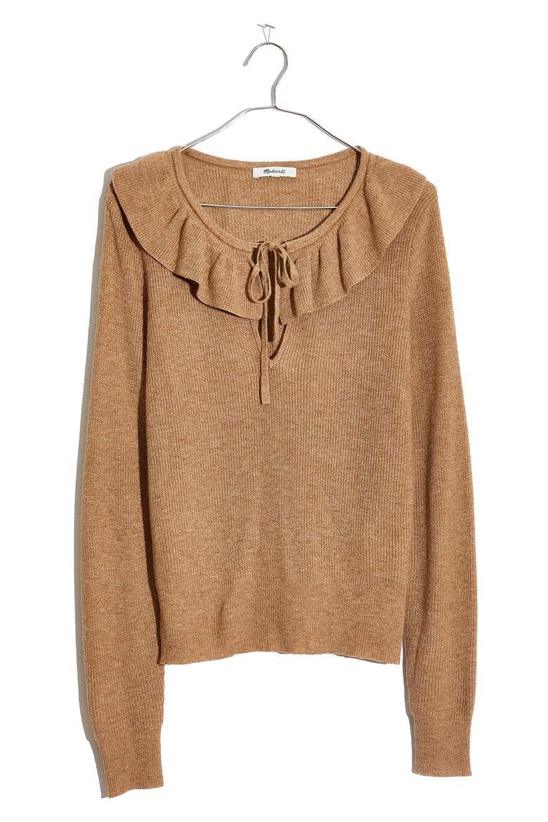 Tie Neck Ruffle Pullover Sweater, Alternate, color, HEATHER SANDALWOOD