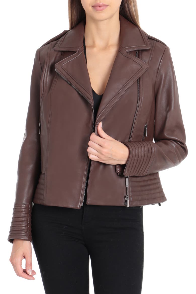 Badgley Mischka Gia Leather Biker Jacket, Main, color, CHOCOLATE