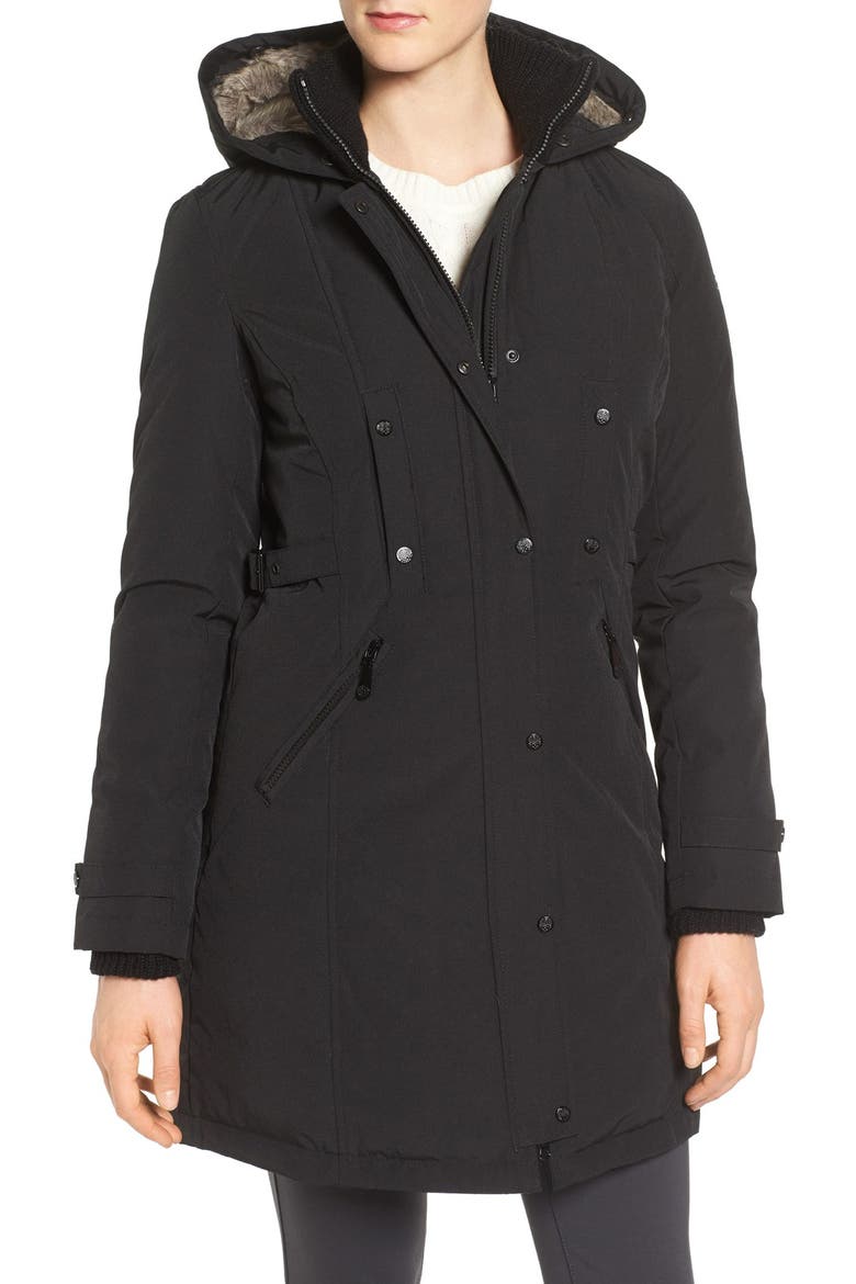 Faux Fur Trim Down & Feather Fill Parka, Alternate, color, BLACK