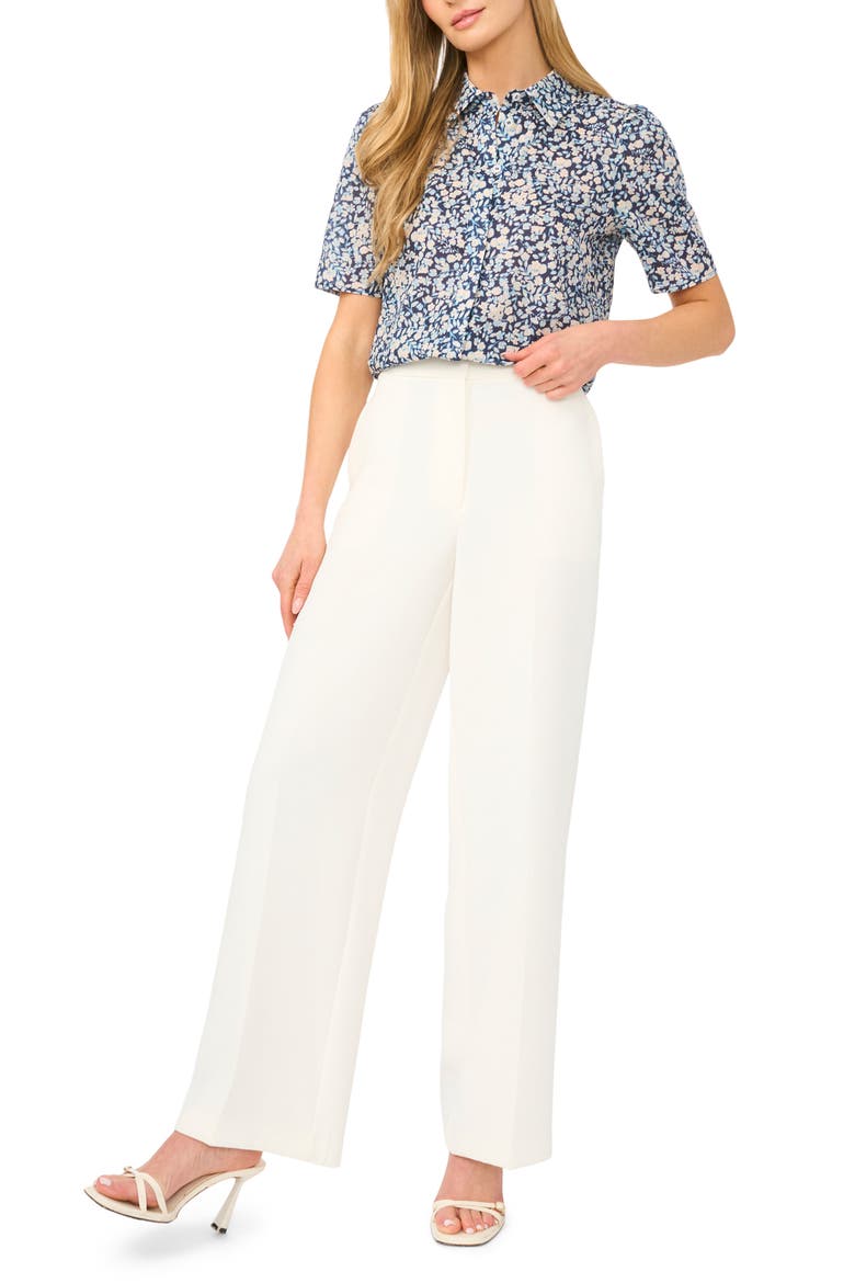 Floral Puff Sleeve Button-Up Top, Alternate, color, LOVELY NAVY